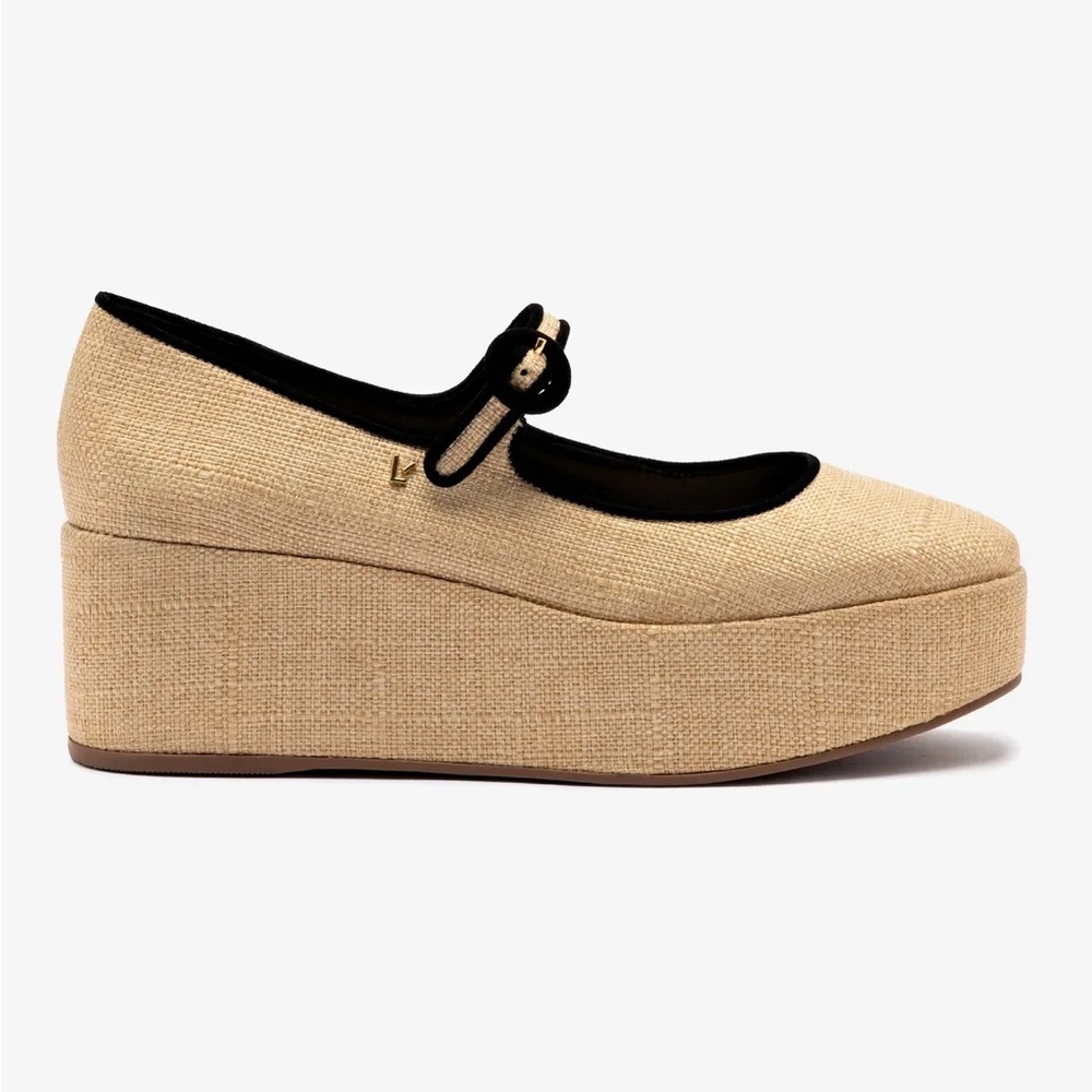 Larroude Beige Wedge Platform Mary Jane with Black Trim
